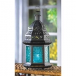 #D1059 BLUE GLASS MOROCCAN STYLE CANDLE LANTERN